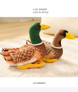 Detail of realistic mallard duck plush toys with lifelike feather texture on white rug