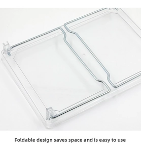 Macro view of clear acrylic organizer shelf showing foldable metal hinges and high transparency