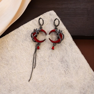 Dark gothic asymmetric red moon and dragon earrings with long metal tassel chains
