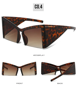 Detailed views of leopard print geometric oversized sunglasses with brown gradient lenses