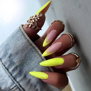 Faux Ongles à Presser Femmes Style Français Minimaliste Jaune en V Forme Amande Brillants pour Quotidien Rendez-vous Manucure