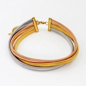 Three-tone stainless steel snake bone chain necklace in gold silver and rose gold finishes