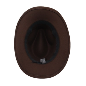 Deep brown polyester western cowboy fedora hat with internal sweatband and size label