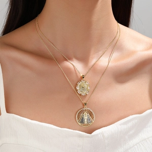 18K gold plated copper necklace with Virgin Mary pendants and marquise cubic zirconia