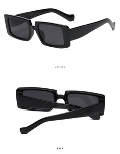 Side and back view of black rectangular sunglasses showing glossy frame and temple design