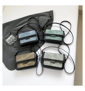 Flat lay of four colorful square shoulder bags in blue, green, and brown with flap design