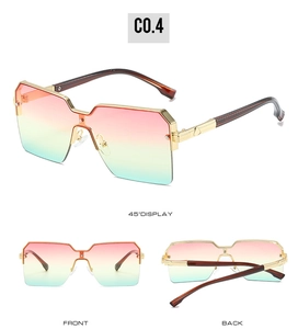Multi-angle view of oversized square sunglasses with gold half-rim and gradient lenses