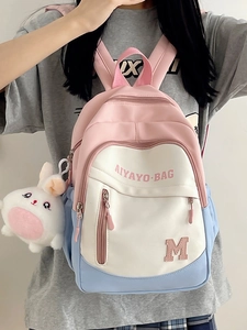 Color Block Oxford Cloth Waterproof Backpack With Plush Bunny Pendant For Girls Student School Travel Fresh Sweet Rucksack