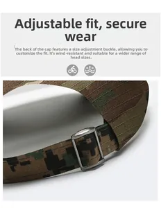 Detail of woodland camo baseball cap with adjustable silver metal buckle on back strap