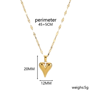 Detail view of golden heart pendant necklace showing 20mm height and 45+5cm chain length