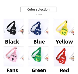 Detailed multi-color view of kids sports crossbody bags featuring star soccer player prints