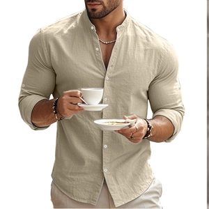 Detail view of khaki cotton linen shirt showing stand collar and natural fabric texture