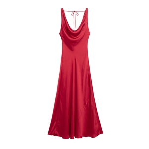 Robe Longue En Satin Col Bénitier Dos Nu Lacé Bretelles Spaghetti Sexy Soirée Longue Robe Pour Femmes Élégante Rouge
