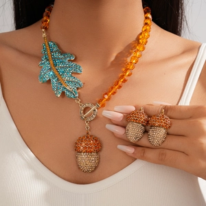 Leaf Acorn Necklace And Earrings With Silver Earring Post Vintage Alloy Rhinestone Amber Beaded Retro Luxury For Women