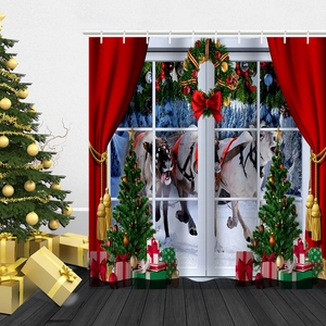 Detailed Christmas shower curtain with reindeer and snow landscape scene in cozy room
