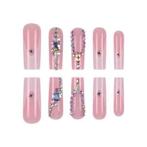 Pink French press on nails with 3D sparkling crystals and rhinestones, 10-piece set