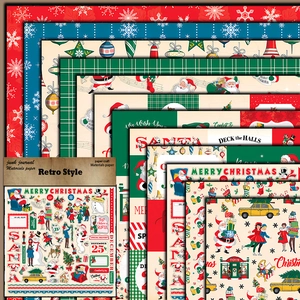 Retro Christmas scrapbooking paper collection featuring Santa Claus and tree patterns