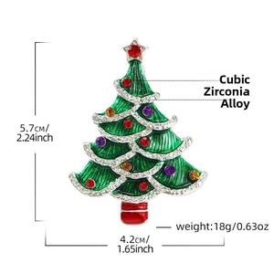 Detailed dimensions of green enamel Christmas tree brooch with rhinestones and star