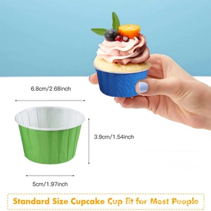 Green and blue heat-resistant muffin liners with precise size dimensions and usage display