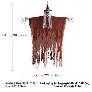 Halloween hanging skeleton ghost decor with orange robe and wizard hat, 75x100cm
