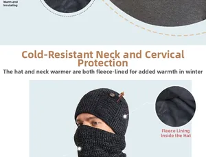 Men's winter knit beanie and neck warmer set with warm fleece lining and buttons