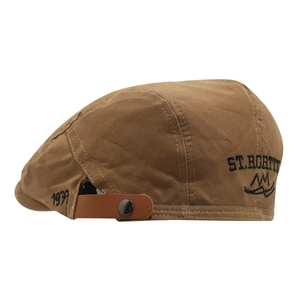 Vintage brown canvas ivy cap with St. Moritz embroidery and leather strap detail