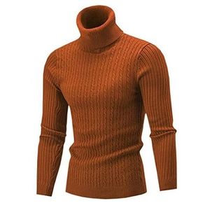 Slim fit men's turtleneck knit sweater in orange featuring a classic cable knit pattern