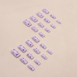 Medium-length purple floral press-on nails with silver foil accents 24-piece set