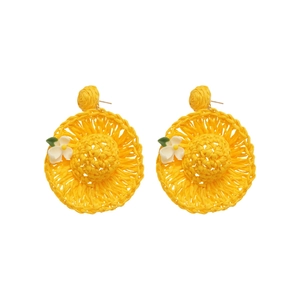 Summer yellow raffia woven straw hat earrings with white floral leaf accents for women