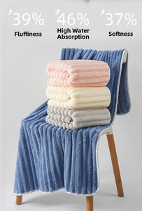 Detail of stacked absorbent coral fleece towels in blue, pink, and grey on white chair