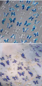 Détail macro de stickers 5D pour ongles papillon avec bords métalliques bleus et violets