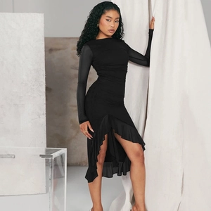 Elegant black mesh sleeve dress with slim fit and asymmetrical ruffle hem for women