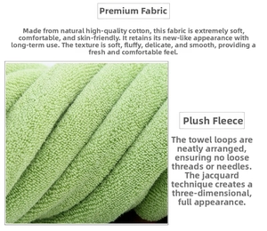 Detail of light green thick cotton towel showing soft plush texture and neat jacquard loops