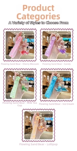 Five floating bear keychains in liquid glitter: cherry, candy, milk tea, ice cream, lollipop