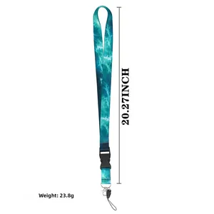 Detail of star-themed lanyard with water wave pattern showing size and silver hook