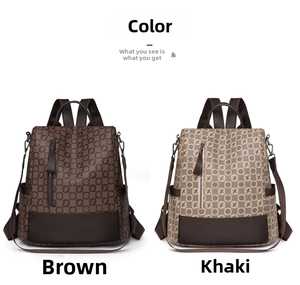 Front detail of fashion monogram backpacks in brown and khaki with leather trim