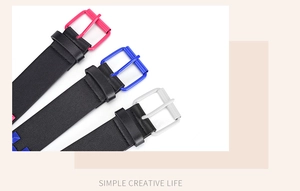 Vue détaillée des ceintures à boucles rose, bleu et blanc avec clous pyramides colorés