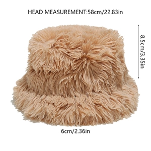 Detailed dimensions of plush faux fur bucket hat including circumference and depth