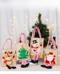 Set of four Christmas linen bags with 3D Santa, snowman, and reindeer motifs