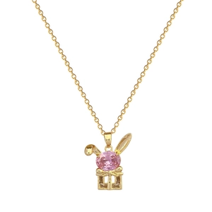 Golden titanium steel necklace featuring a crystal rabbit gift box pendant with pink gem