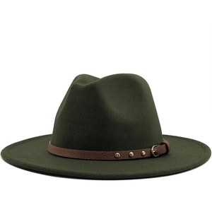 Detail of dark green wool fedora with brown leather belt and gold buckle accent