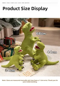 Three green plush T-Rex dinosaurs in 66cm, 44cm, and 34cm sizes shown on a white rug