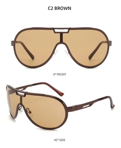 Front and profile views of brown C2 oversized pilot sunglasses with cutout temple details