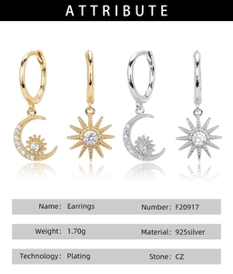 Detailed spec chart of S925 silver star and moon stud earrings with CZ stones
