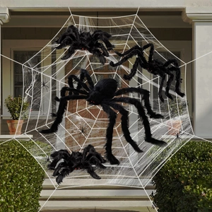 Halloween Giant Spider Web And Plush Spider Decoration With LED Lights For Outdoor Yard Haunted House Party Scary Prop