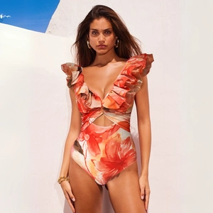 Floral ruffles one-piece swimsuit with deep V-neck and cut-out design for beach vacation