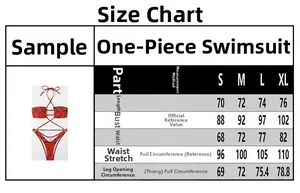 Size chart for halter one-piece swimsuit with red and black snake skin pattern