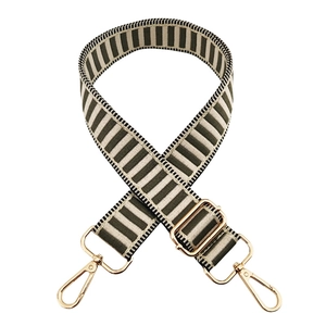 Close-up of adjustable woven canvas strap with olive green stripes and gold hardware