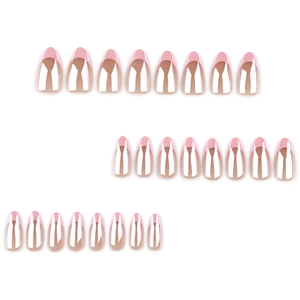 Short almond press-on nails with silver mirror finish and pink French tips 24pcs set