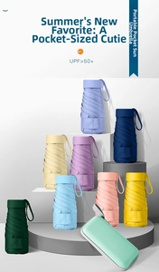 Macro detail of compact mini flat umbrellas in pastel colors with portable zipper case